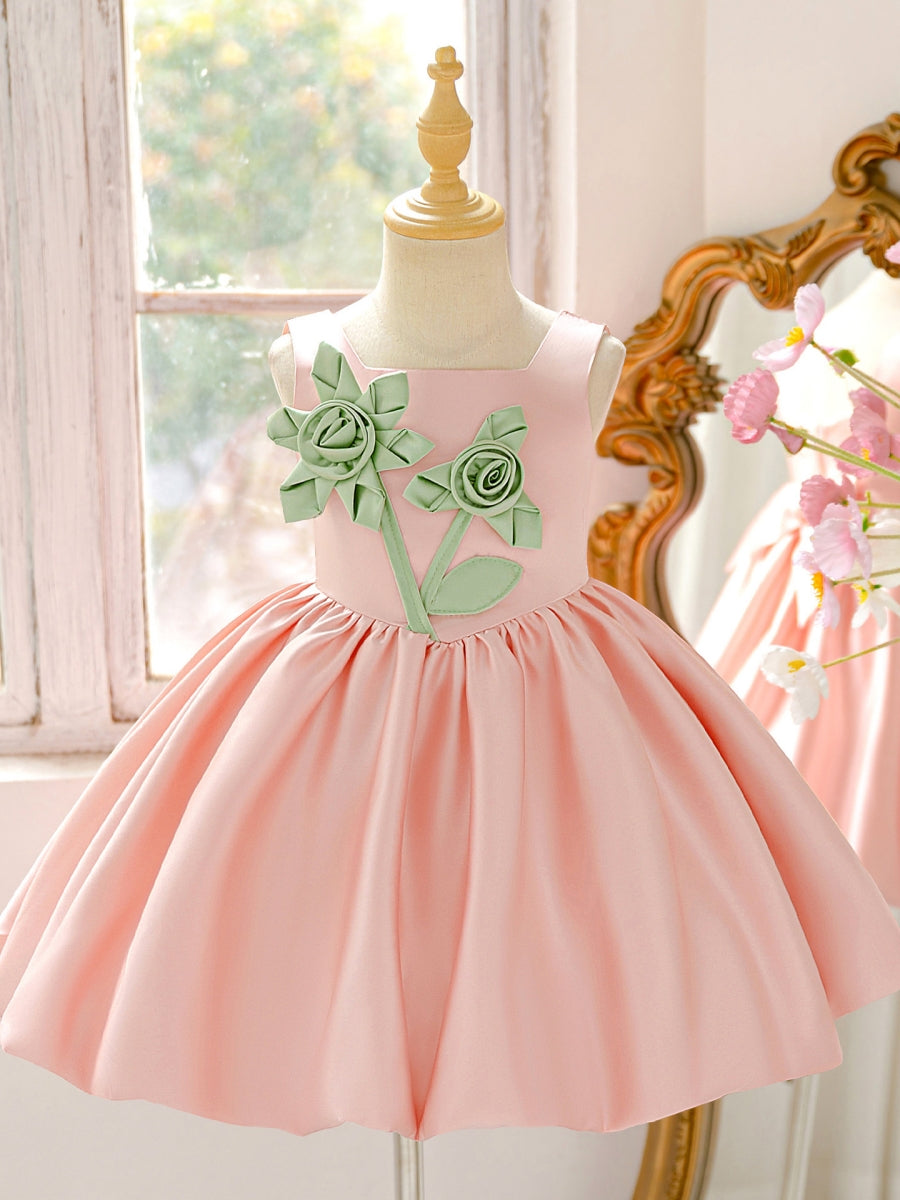 A-Line/Princess Square Collar Satin Flower Girl Dresses With 3D Flowers Knee-Length Sleeveless Pink