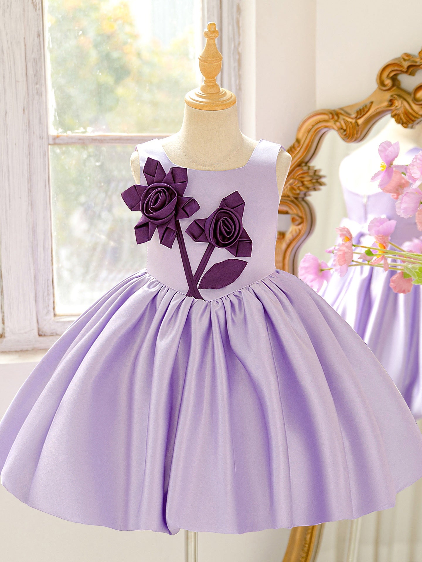 A-Line/Princess Square Collar Satin Flower Girl Dresses With 3D Flowers Knee-Length Sleeveless Purple