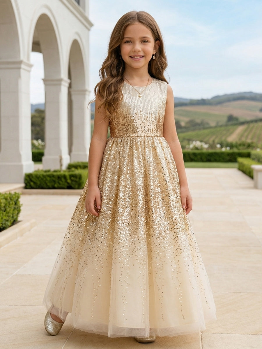 A-Line/Princess Scoop Sequins Flower Girl Dresses Sleeveless Ankle-Length Champagne