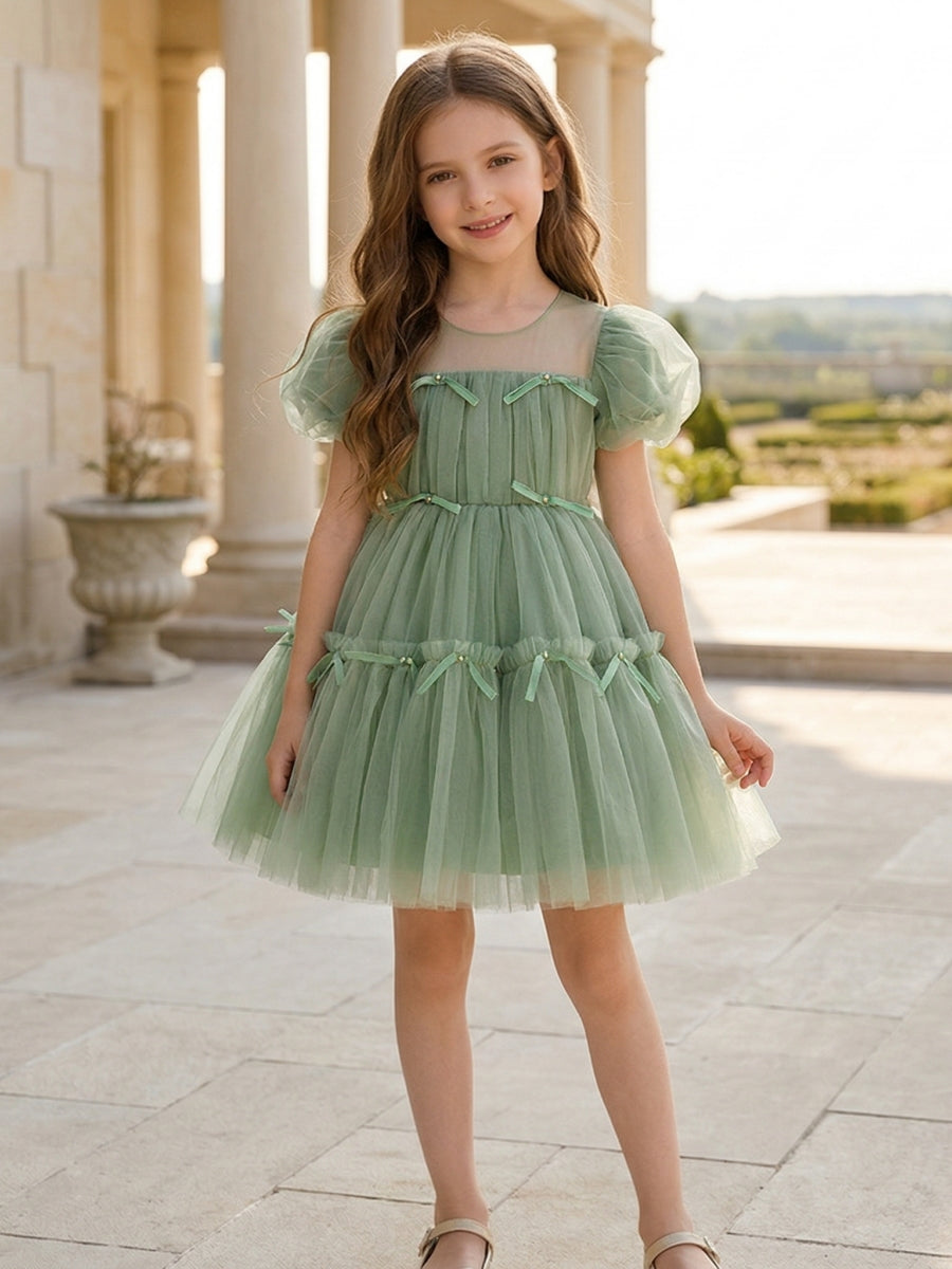 A-Line/Princess Scoop Tulle Flower Girl Dresses with Bowknot Puff Sleeves Knee-Length Green