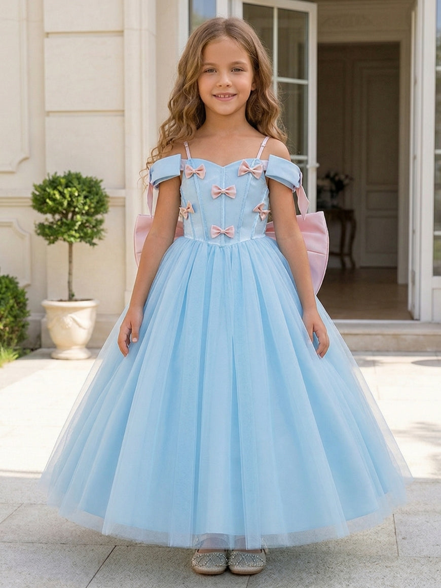 A-Line/Princess Off-the-Shoulder Tulle Flower Girl Dresses with Bowknot Satin Sleeveless Ankle-Length Sky Blue