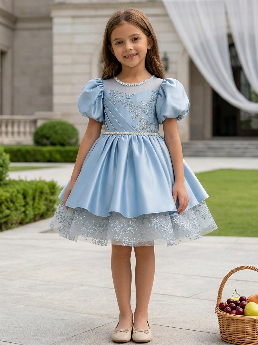 A-Line/Princess Scoop Satin Flower Girl Dresses Puff Sleeves Beading Knee-Length Blue