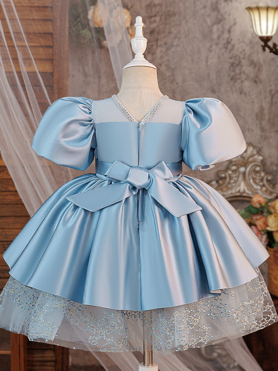 A-Line/Princess Scoop Satin Flower Girl Dresses Puff Sleeves Beading Knee-Length