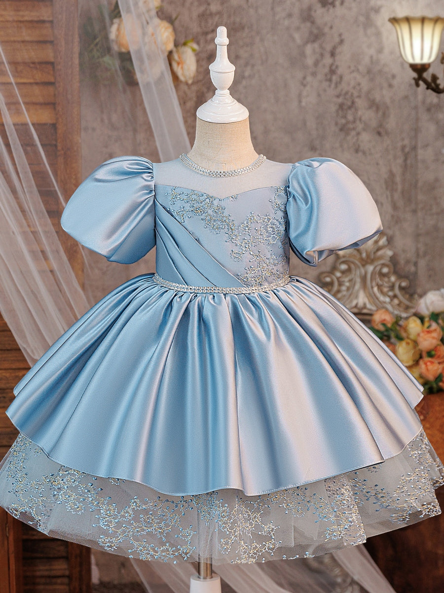 A-Line/Princess Scoop Satin Flower Girl Dresses Puff Sleeves Beading Knee-Length