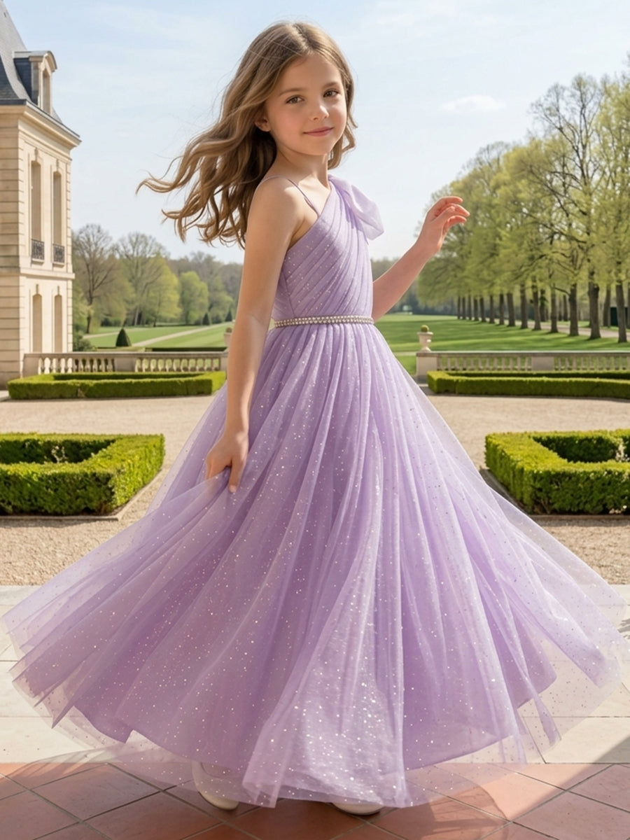 A-Line/Princess One-Shoulder Tulle Flower Girl Dresses Sleeveless Ankle-Length Ruched Purple