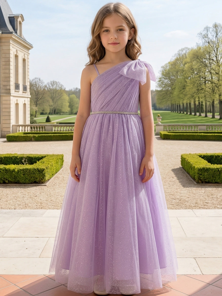 A-Line/Princess One-Shoulder Tulle Flower Girl Dresses Sleeveless Ankle-Length Ruched