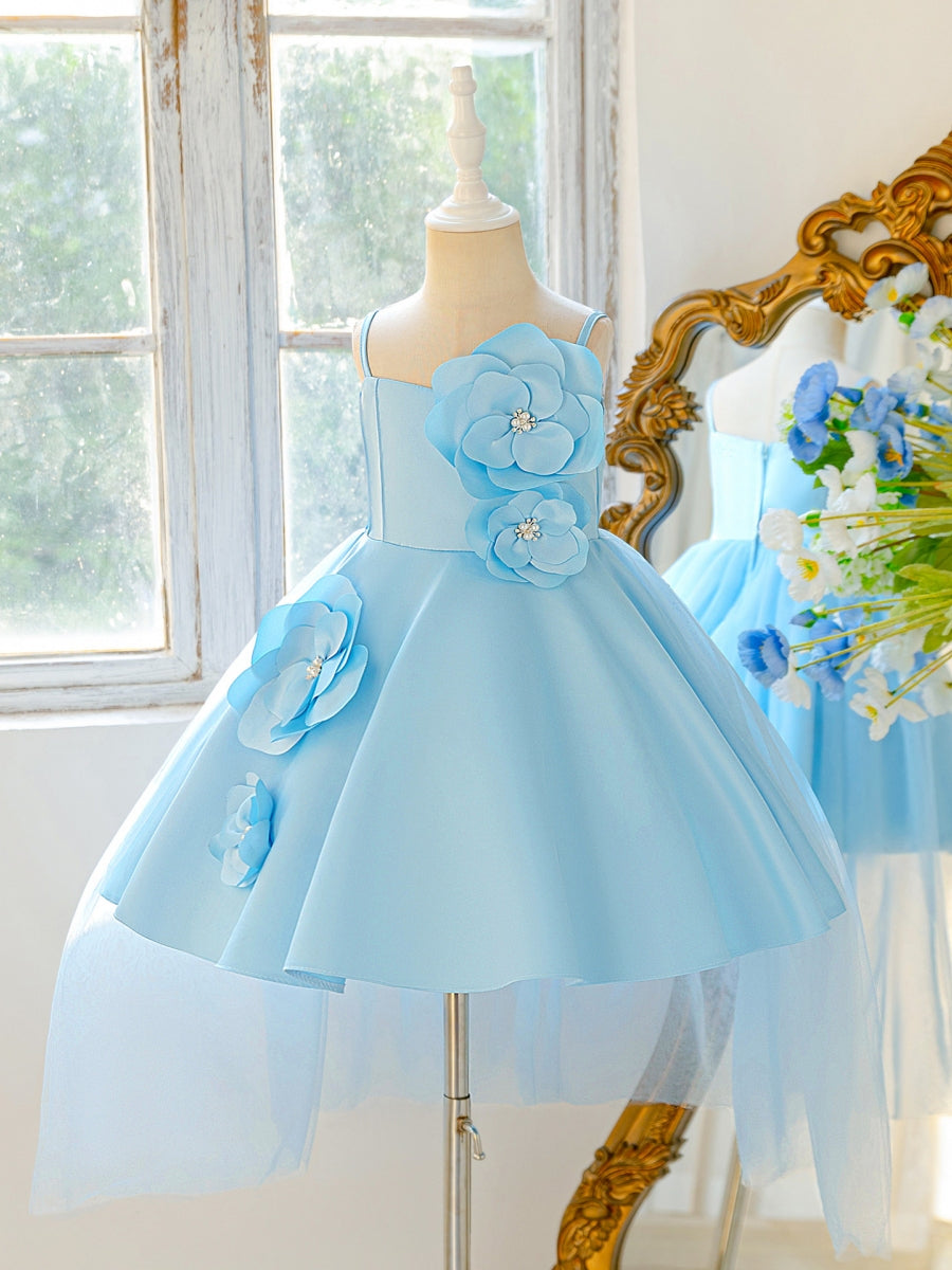 A-Line/Princess Spaghetti Straps Satin Flower Girl Dresses With 3D Flowers Knee-Length Tulle Sleeveless