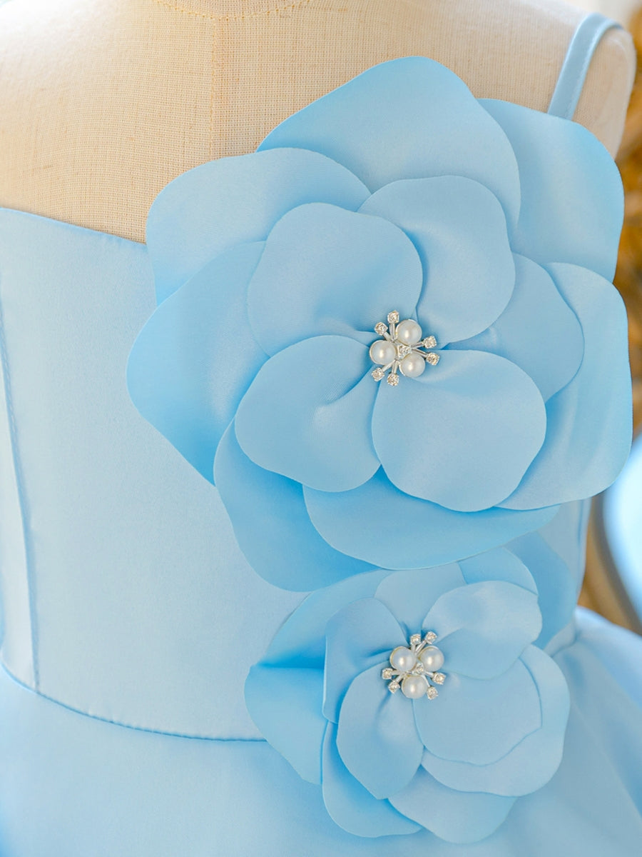 A-Line/Princess Spaghetti Straps Satin Flower Girl Dresses With 3D Flowers Knee-Length Tulle Sleeveless
