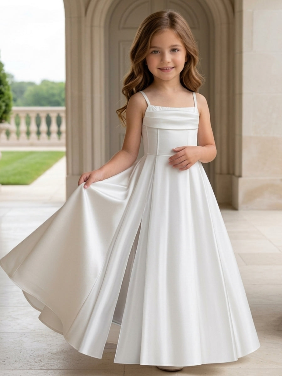 A-Line/Princess Spaghetti Straps Satin Flower Girl Dresses With Split Side Ankle-Length Sleeveless Ivory