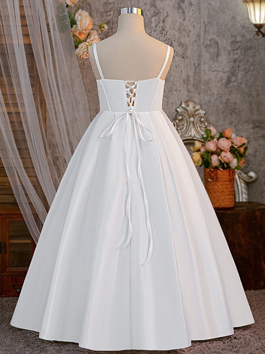 A-Line/Princess Spaghetti Straps Satin Flower Girl Dresses With Split Side Ankle-Length Sleeveless