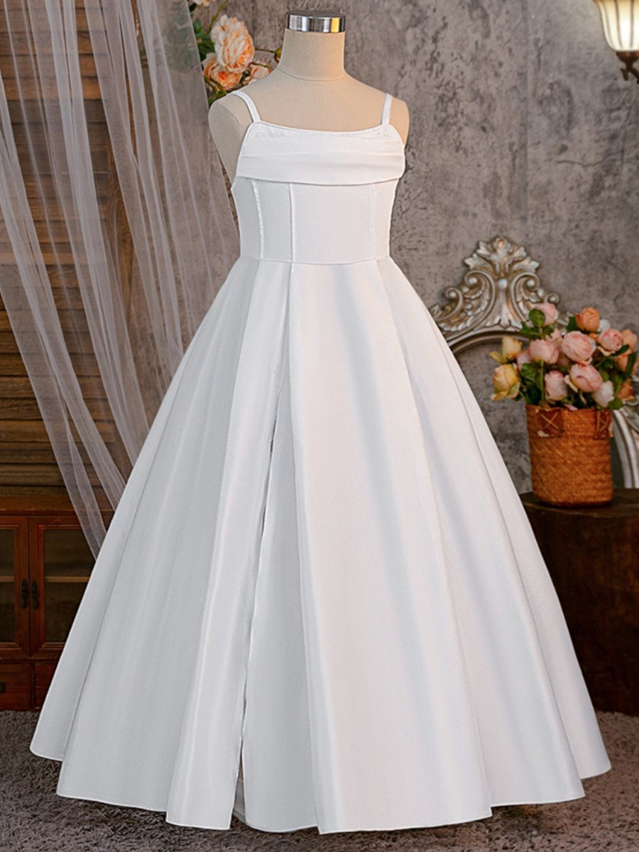 A-Line/Princess Spaghetti Straps Satin Flower Girl Dresses With Split Side Ankle-Length Sleeveless