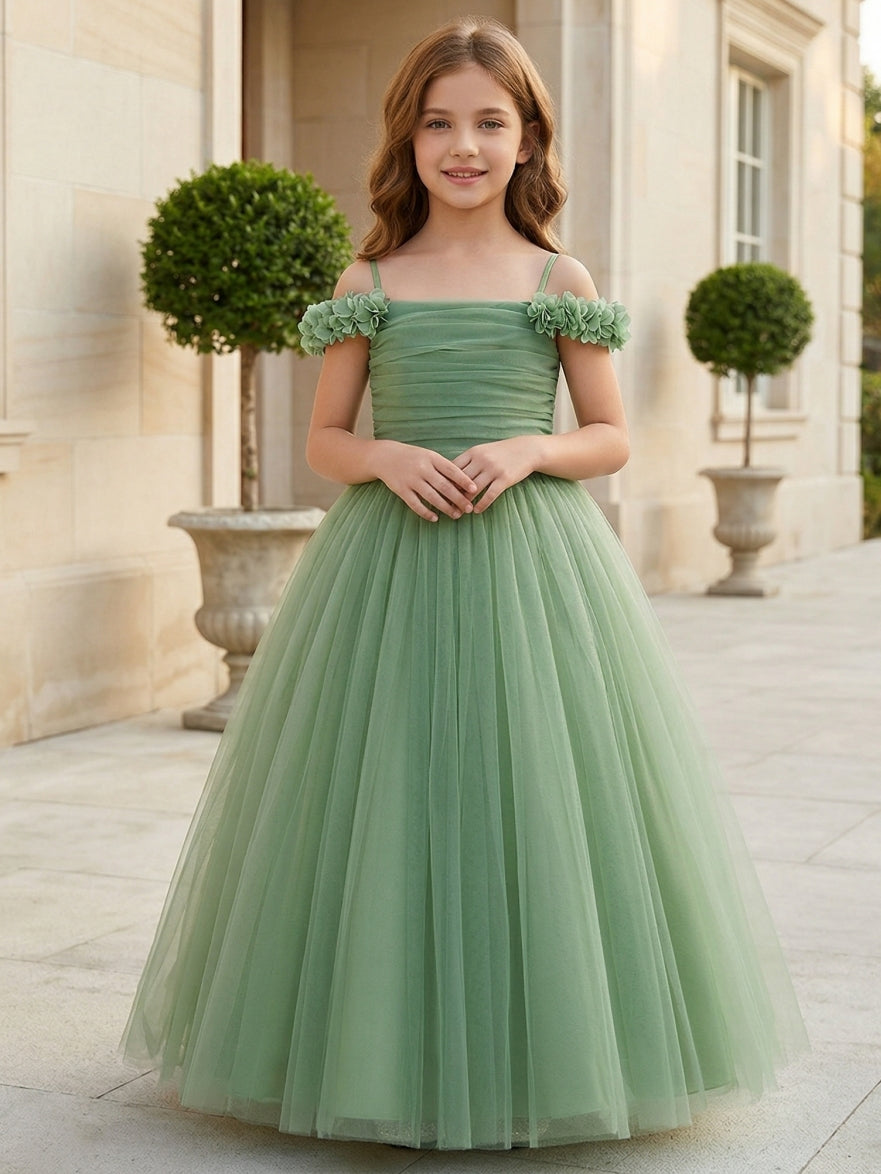 A-Line/Princess Off-the-Shoulder Tulle Flower Girl Dresses Sleeveless Ankle-Length Ruched Green