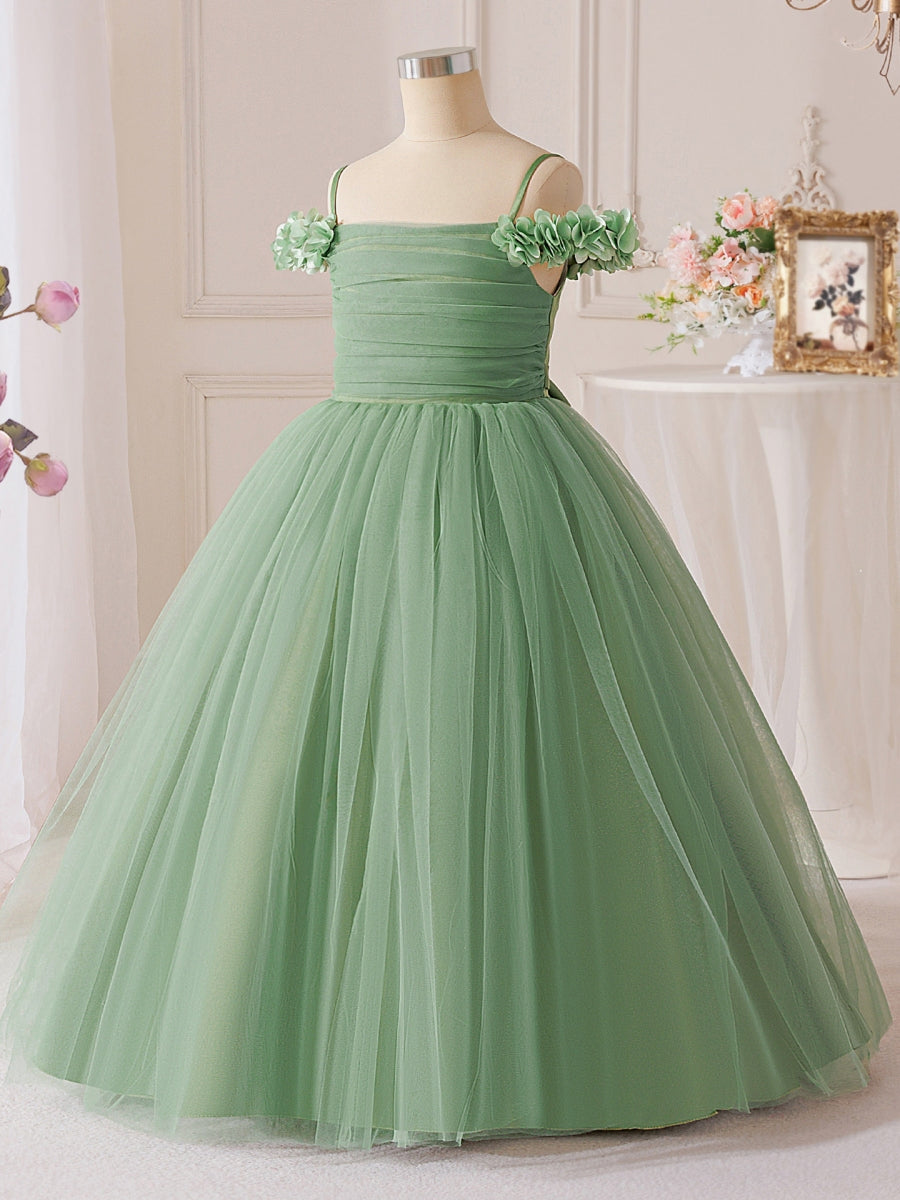 A-Line/Princess Off-the-Shoulder Tulle Flower Girl Dresses Sleeveless Ankle-Length Ruched