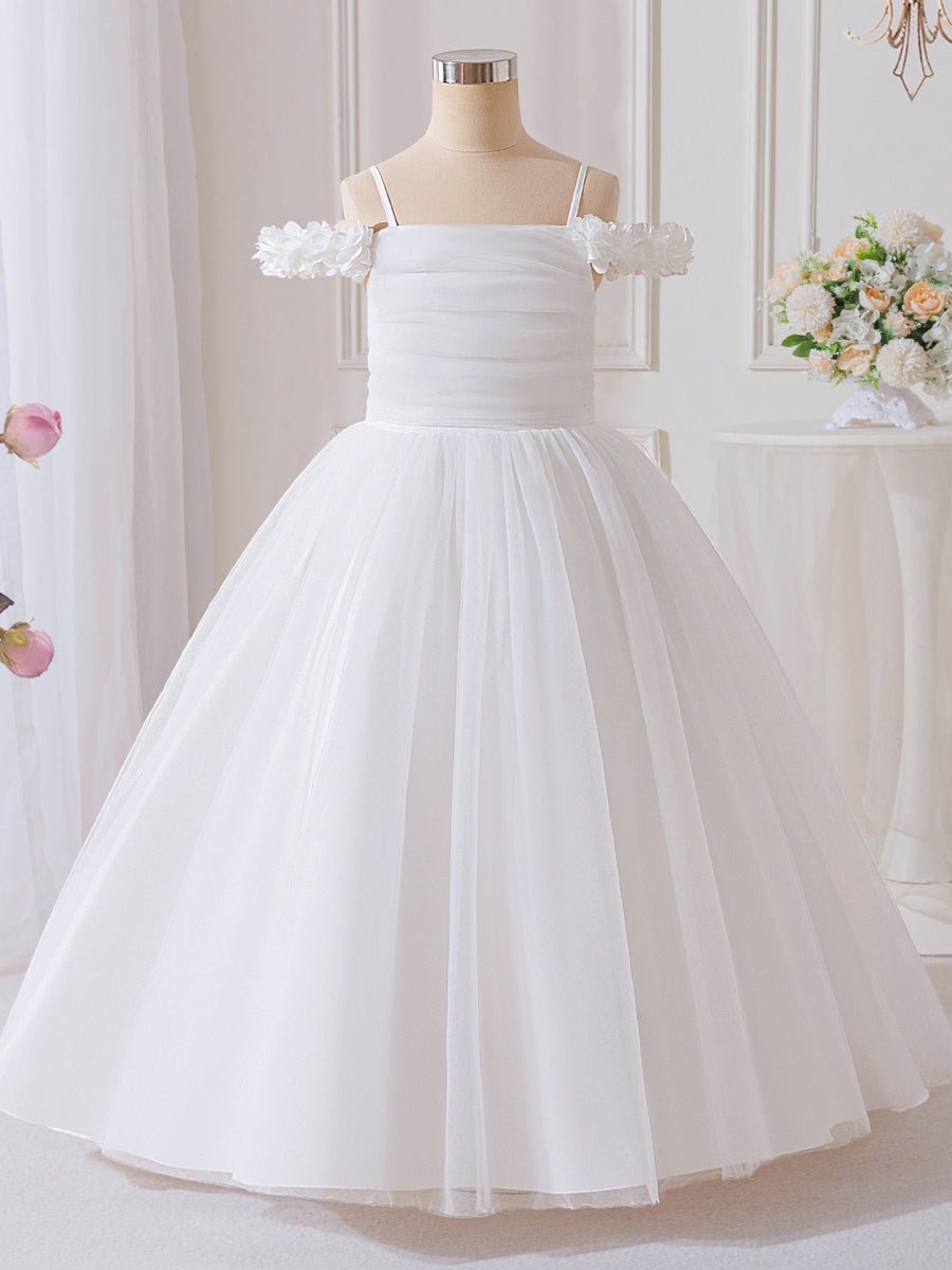 A-Line/Princess Off-the-Shoulder Tulle Flower Girl Dresses Sleeveless Ankle-Length Ruched Ivory