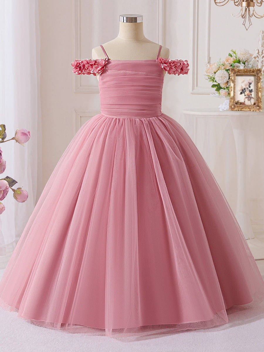 A-Line/Princess Off-the-Shoulder Tulle Flower Girl Dresses Sleeveless Ankle-Length Ruched Pink