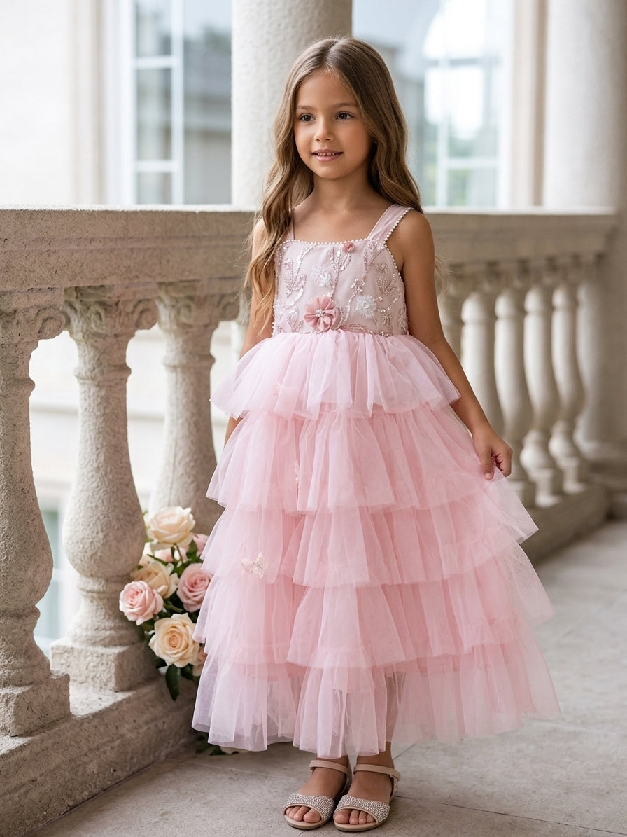 A-Line/Princess Spaghetti Straps Tulle Flower Girl Dresses Sleeveless Ankle-Length Floral As Pic