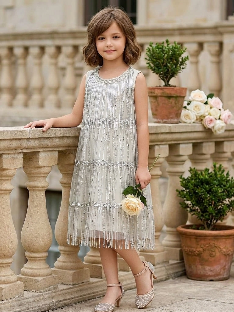 A-Line/Princess Scoop Flower Girl Dresses Sleeveless Tea-Length Sequins As Pic