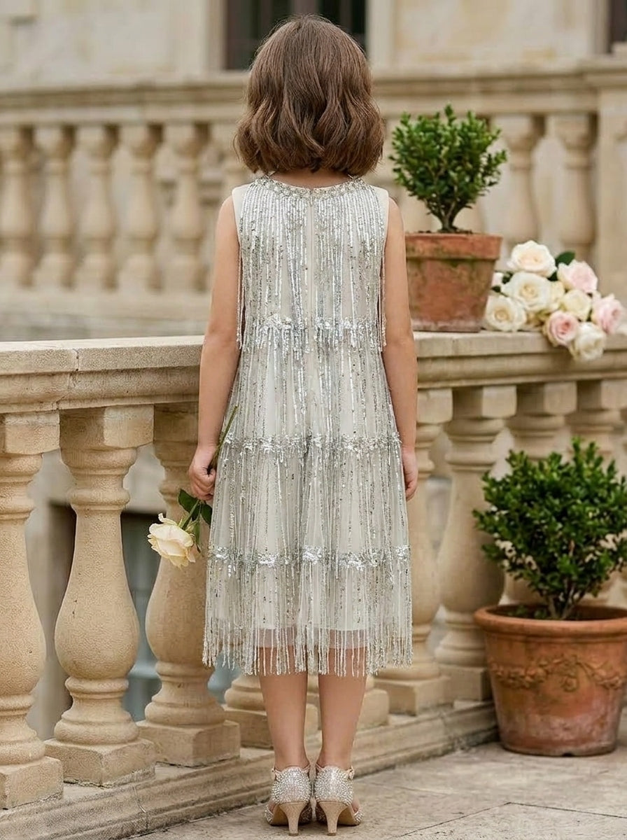 A-Line/Princess Scoop Flower Girl Dresses Sleeveless Tea-Length Sequins