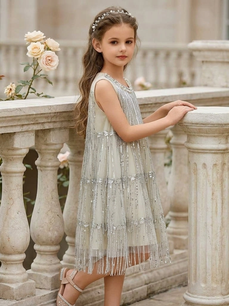 A-Line/Princess Scoop Flower Girl Dresses Sleeveless Tea-Length Sequins