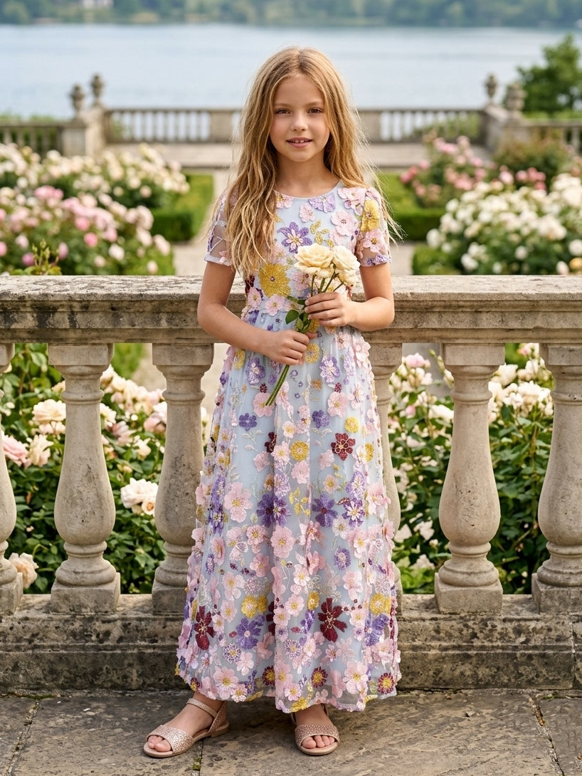 A-Line/Princess Scoop Short Sleeves Ankle-Length Flower Girl Dresses Embroidery with 3D Flowers As Pic