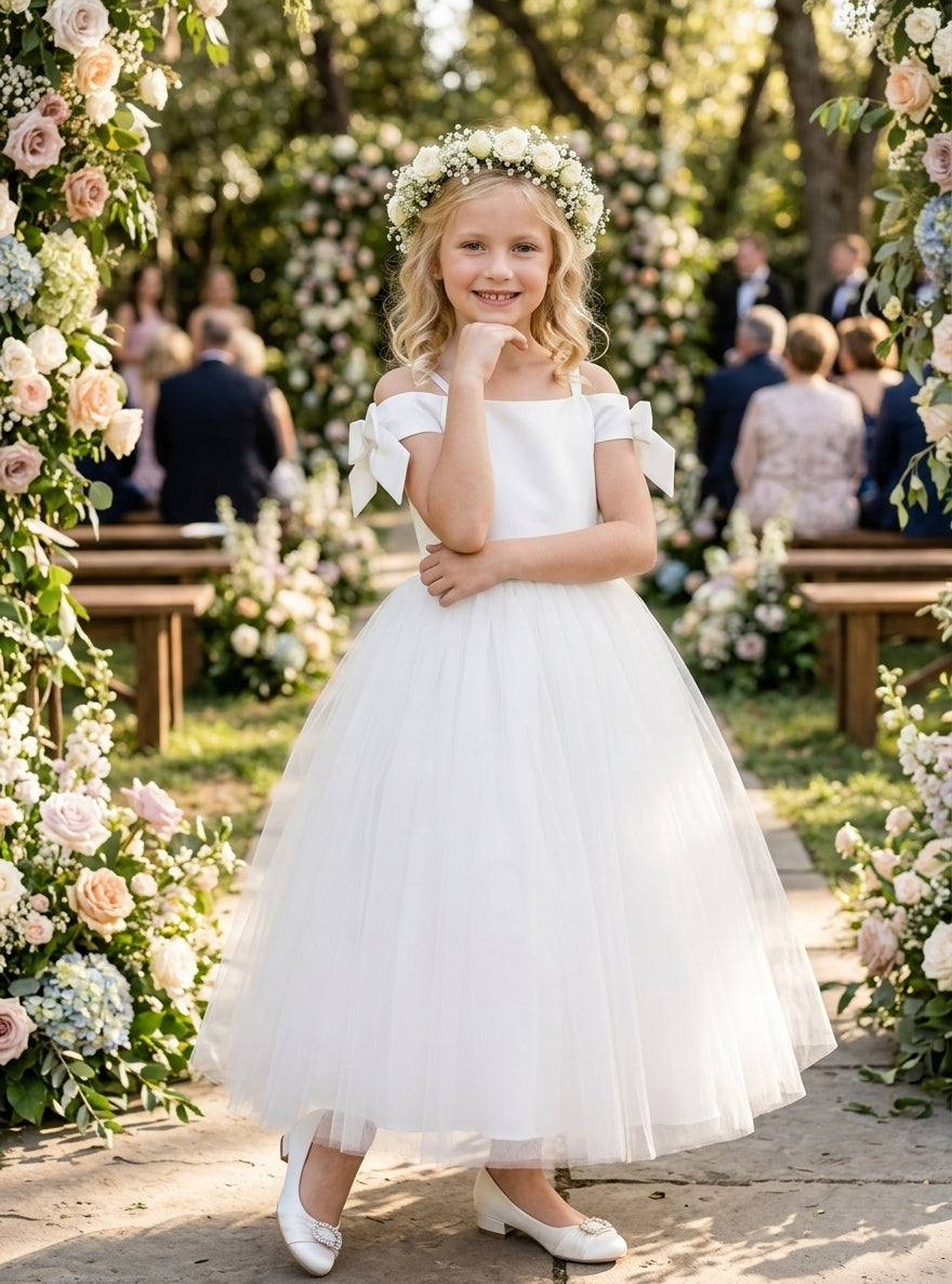 A-Line/Princess Off-the-Shoulder Flower Girl Dresses with Bowknot Tulle Ankle-Length Sleeveless Ivory