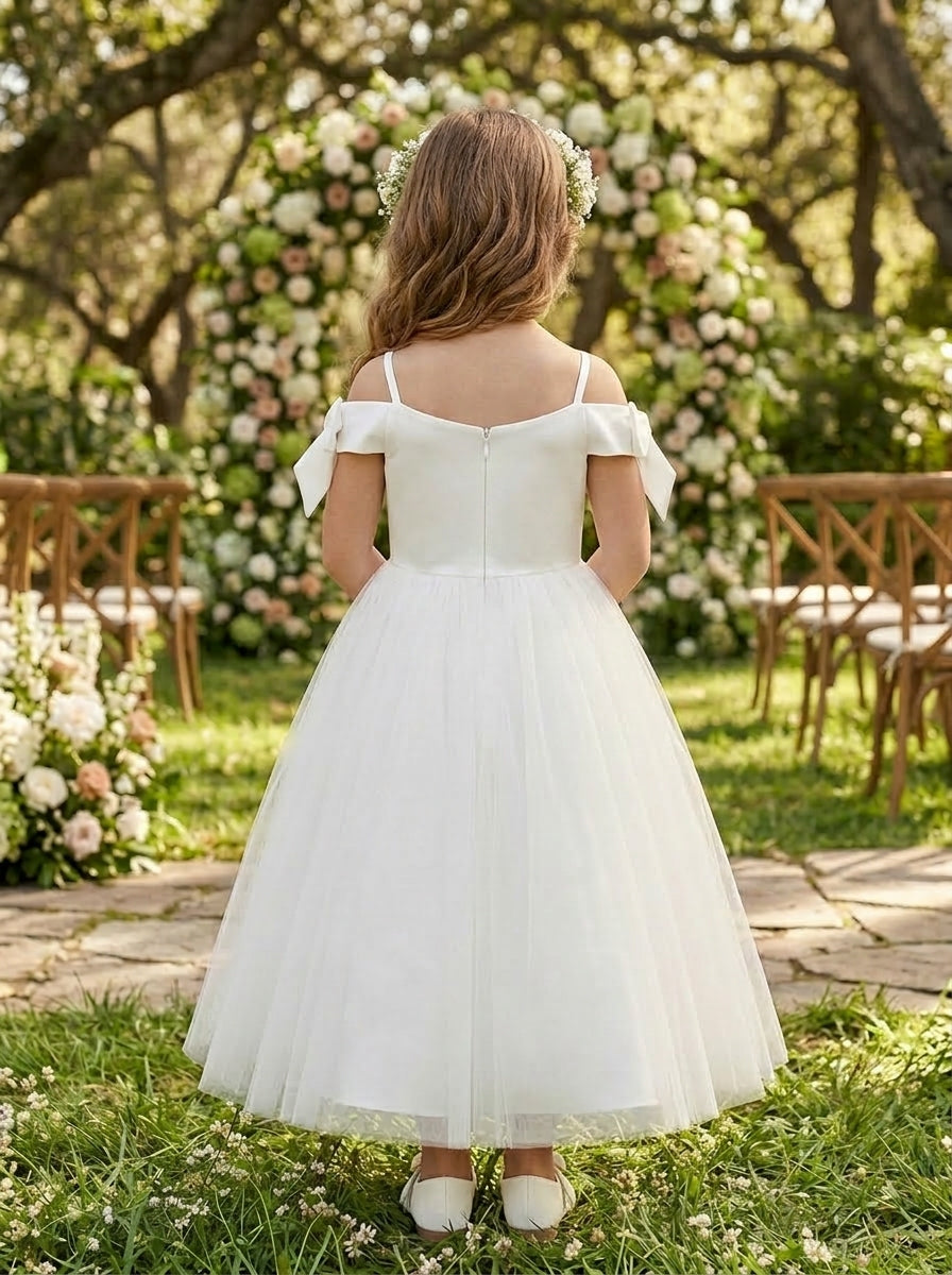 A-Line/Princess Off-the-Shoulder Flower Girl Dresses with Bowknot Tulle Ankle-Length Sleeveless Sage