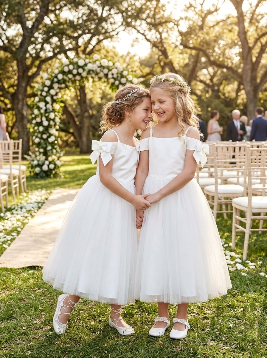 A-Line/Princess Off-the-Shoulder Flower Girl Dresses with Bowknot Tulle Ankle-Length Sleeveless Black