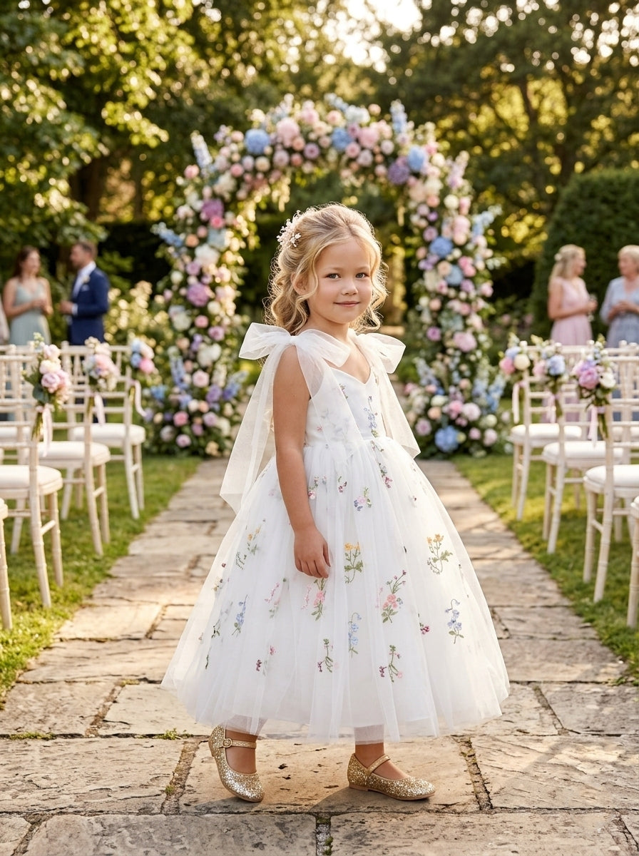 A-Line/Princess V-Neck Sleeveless Ankle-Length Flower Girl Dresses Tulle Floral White