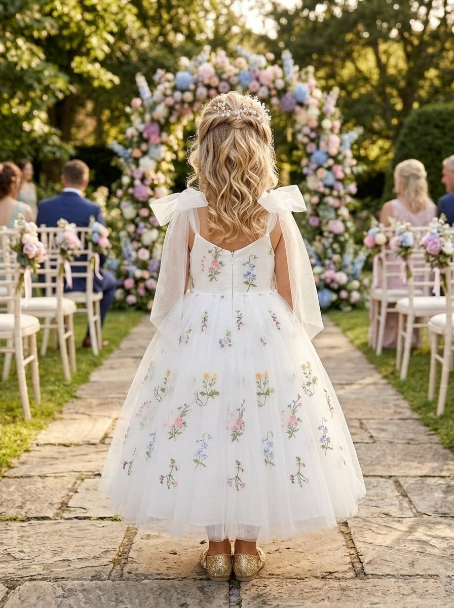 A-Line/Princess V-Neck Sleeveless Ankle-Length Flower Girl Dresses Tulle Floral Apricot