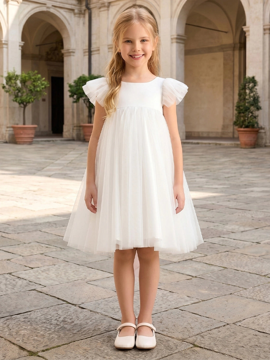 A-Line/Princess Scoop Short Sleeves Knee-Length Flower Girl Dresses Tulle with Bowknot White