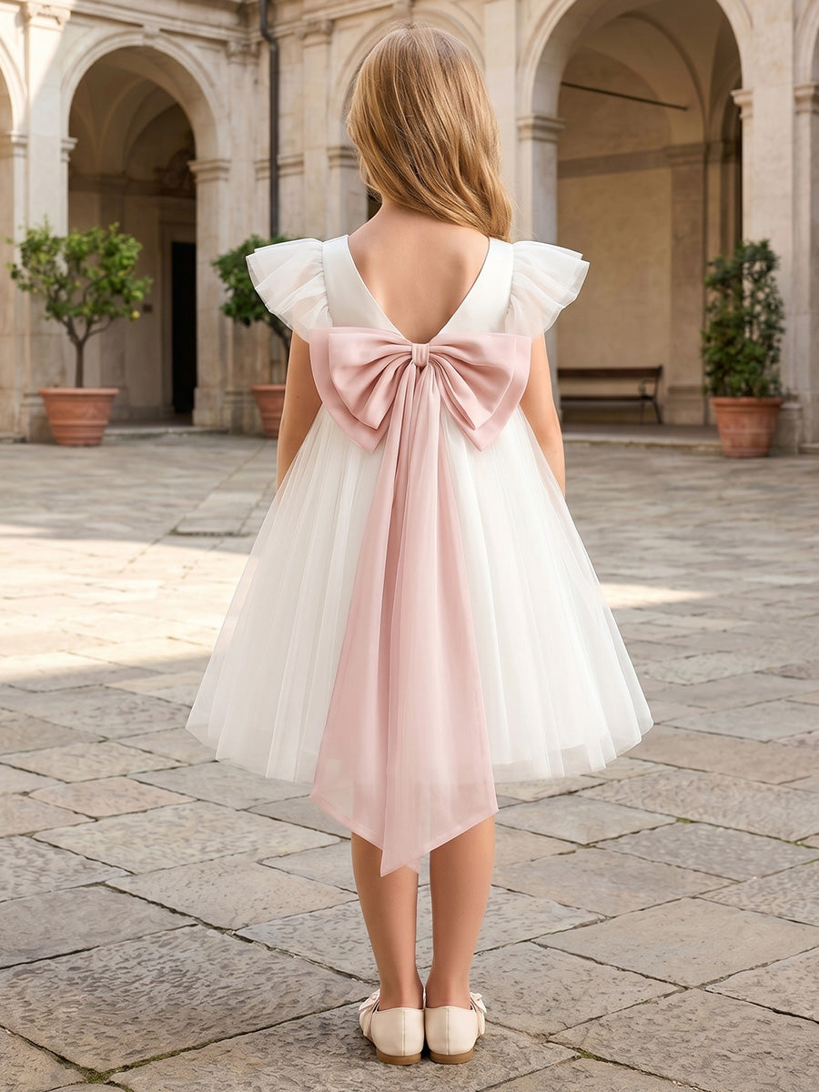 A-Line/Princess Scoop Short Sleeves Knee-Length Flower Girl Dresses Tulle with Bowknot Light Champagne