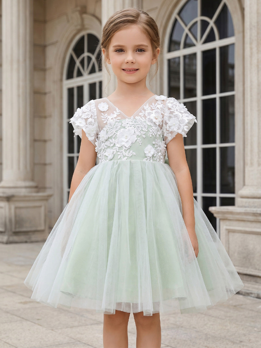 A-Line/Princess V-Neck Short Sleeves Knee-Length Flower Girl Dresses with 3D Flowers&Bowknot As Pic