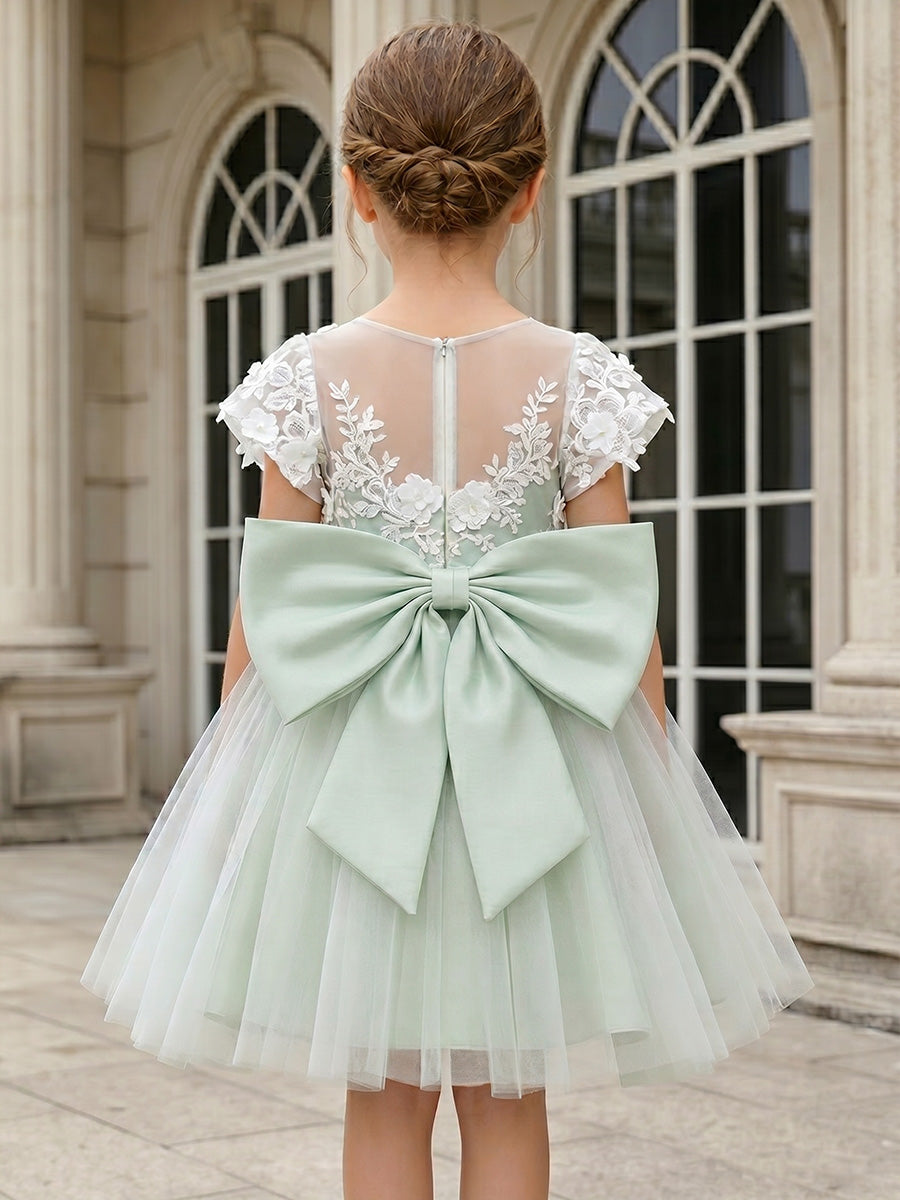 A-Line/Princess V-Neck Short Sleeves Knee-Length Flower Girl Dresses with 3D Flowers&Bowknot Black