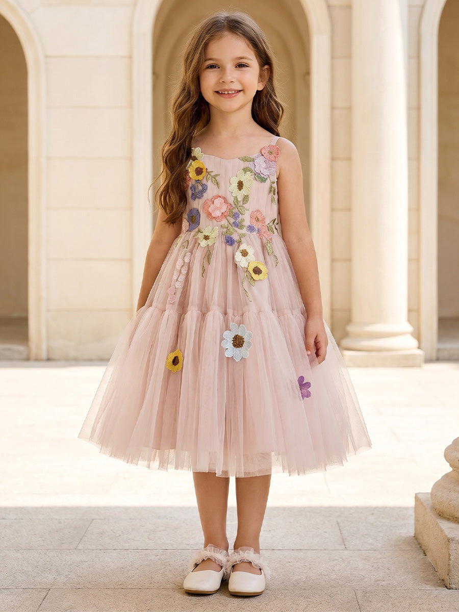 A-Line/Princess Scoop Sleeveless Tea-Length Flower Girl Dresses Tulle Floral As Pic
