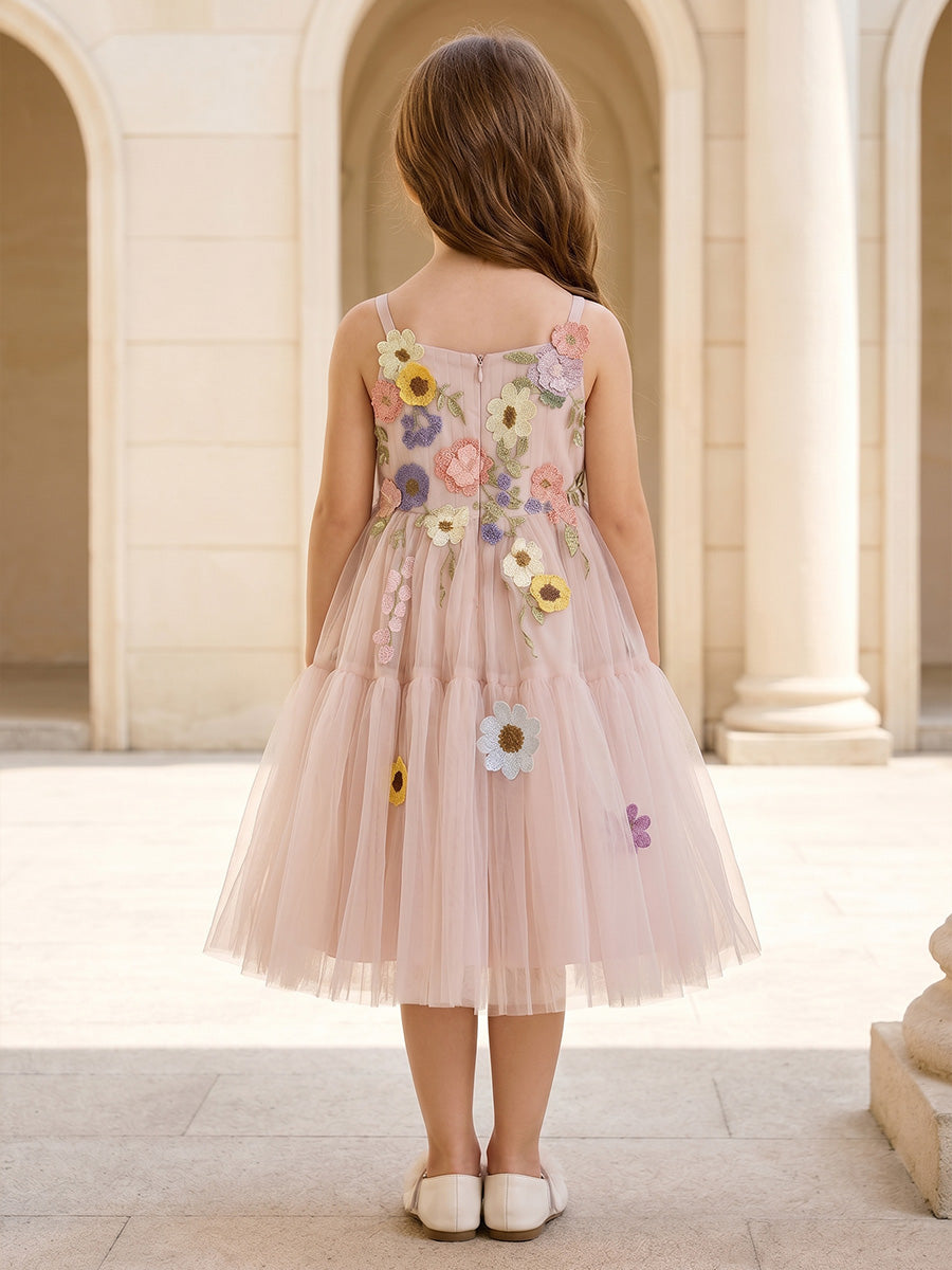 A-Line/Princess Scoop Sleeveless Tea-Length Flower Girl Dresses Tulle Floral White