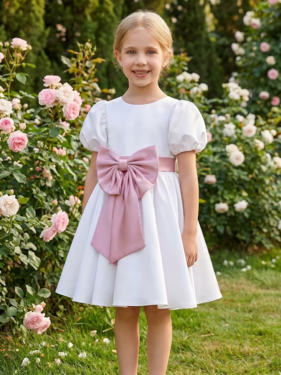 A-Line/Princess Scoop Puff Sleeves Knee-Length Flower Girl Dresses Satin with Bowkot White