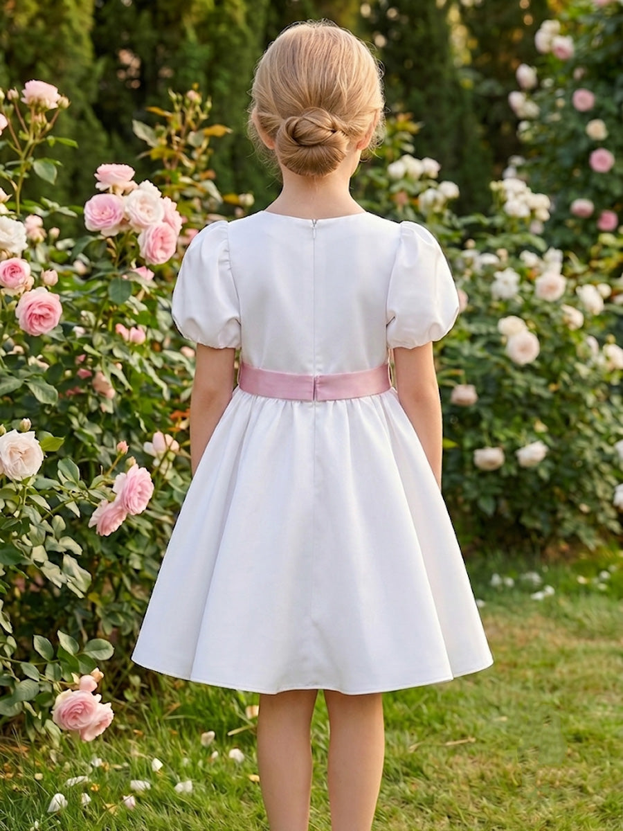 A-Line/Princess Scoop Puff Sleeves Knee-Length Flower Girl Dresses Satin with Bowkot Ivory