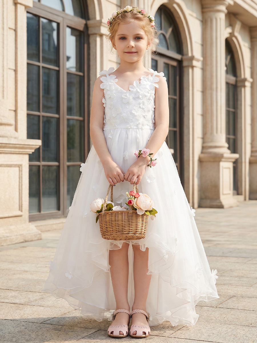 A-Line/Princess V-Neck Sleeveless High-Low Flower Girl Dresses Tulle with 3D Flowers&Bowknot White