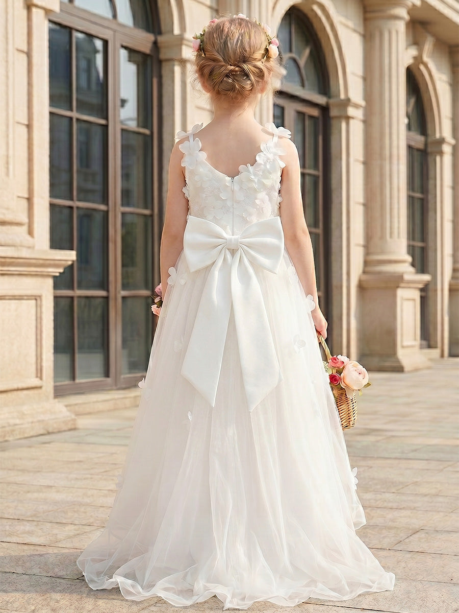 A-Line/Princess V-Neck Sleeveless High-Low Flower Girl Dresses Tulle with 3D Flowers&Bowknot Light Champagne