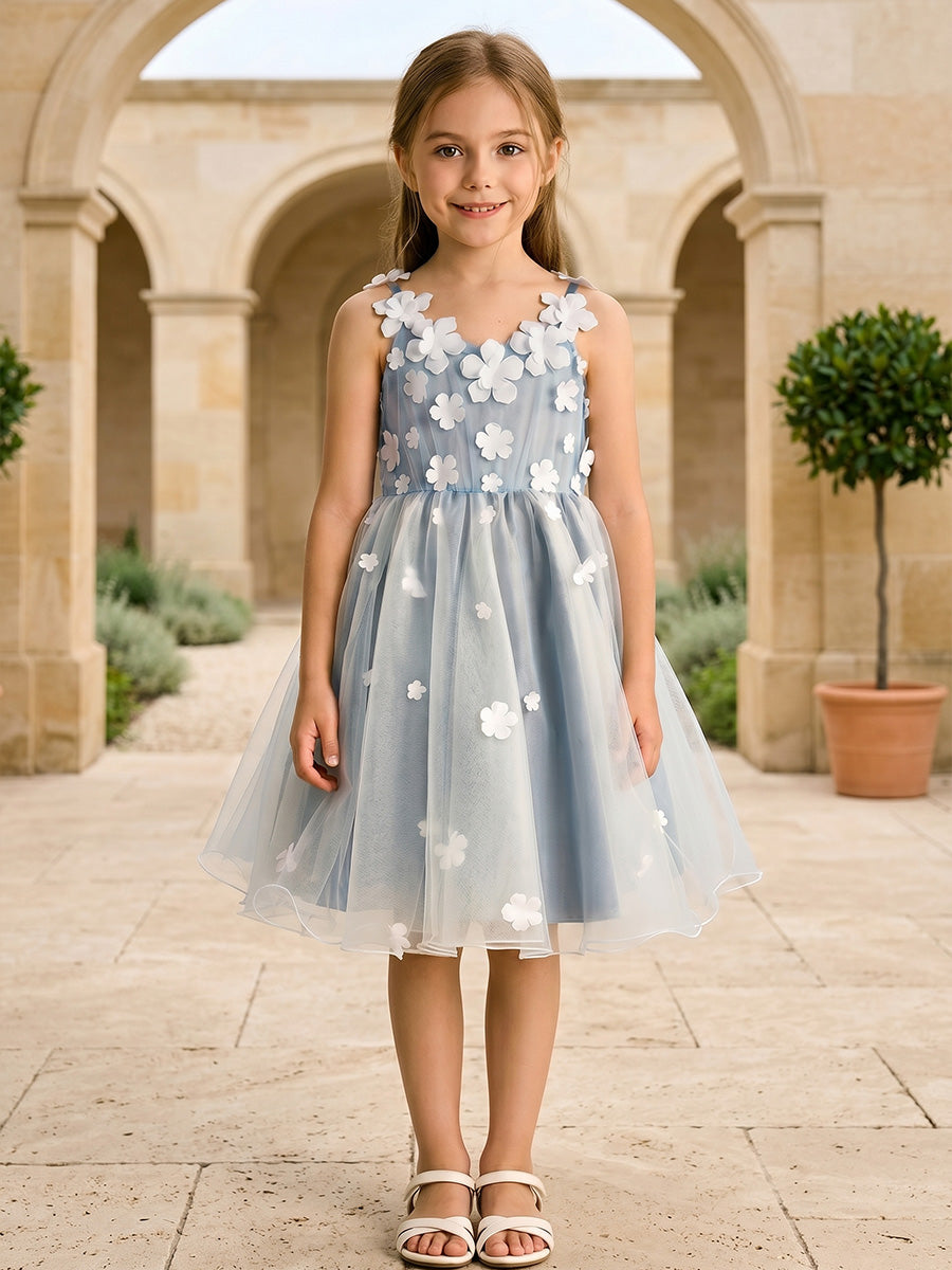 A-Line/Princess V-Neck Sleeveless Knee-Length Flower Girl Dresses Tulle with 3D Flowers&Bowknot Light Blue