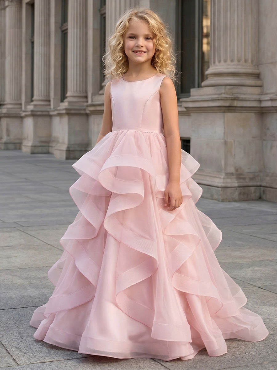 A-Line/Princess Scoop Sleeveless Floor-Length Flower Girl Dresses with Bowknot&Ruffles Pink
