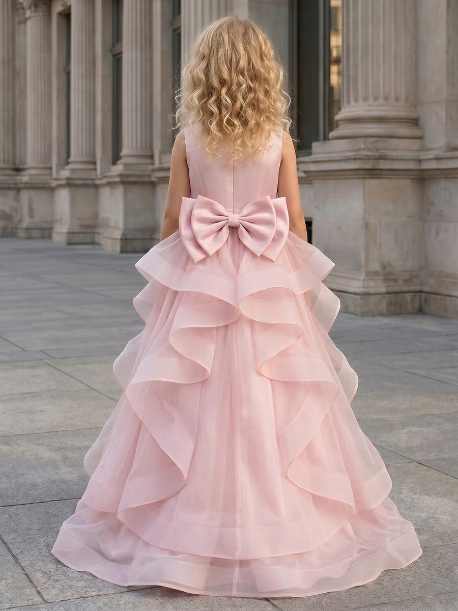 A-Line/Princess Scoop Sleeveless Floor-Length Flower Girl Dresses with Bowknot&Ruffles Ivory