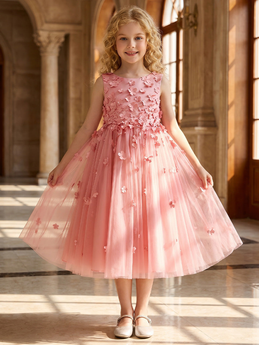 A-Line/Princess Scoop Sleeveless Tea-Length Flower Girl Dresses with 3D Flowers Pink