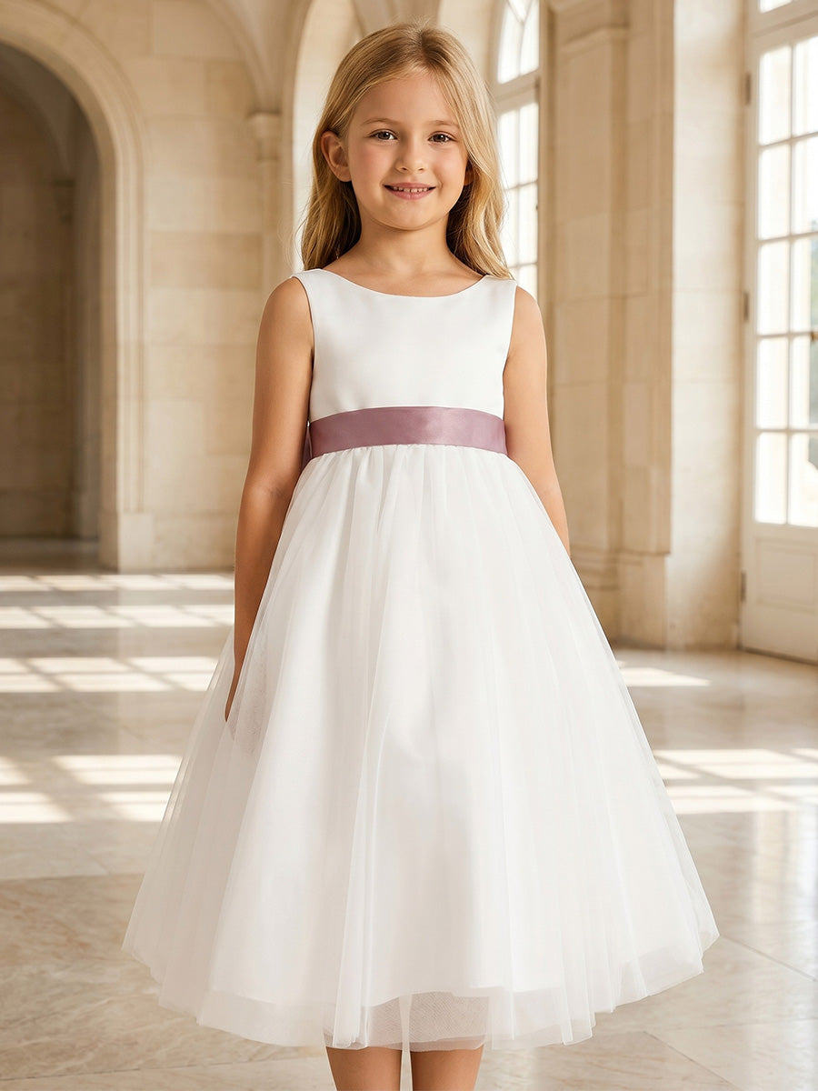 A-Line/Princess Scoop Sleeveless Tea-Length Flower Girl Dresses with Bowknot White