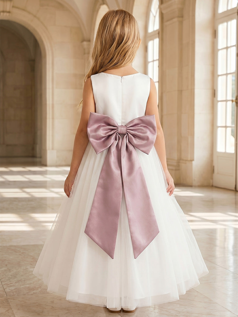 A-Line/Princess Scoop Sleeveless Tea-Length Flower Girl Dresses with Bowknot Ivory