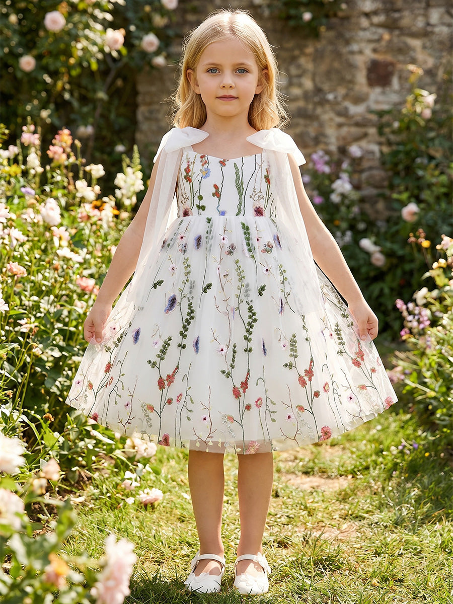 A-Line/Princess Scoop Sleeveless Knee-Length Flower Girl Dresses Floral Tulle with Bowknot Straps As Pic