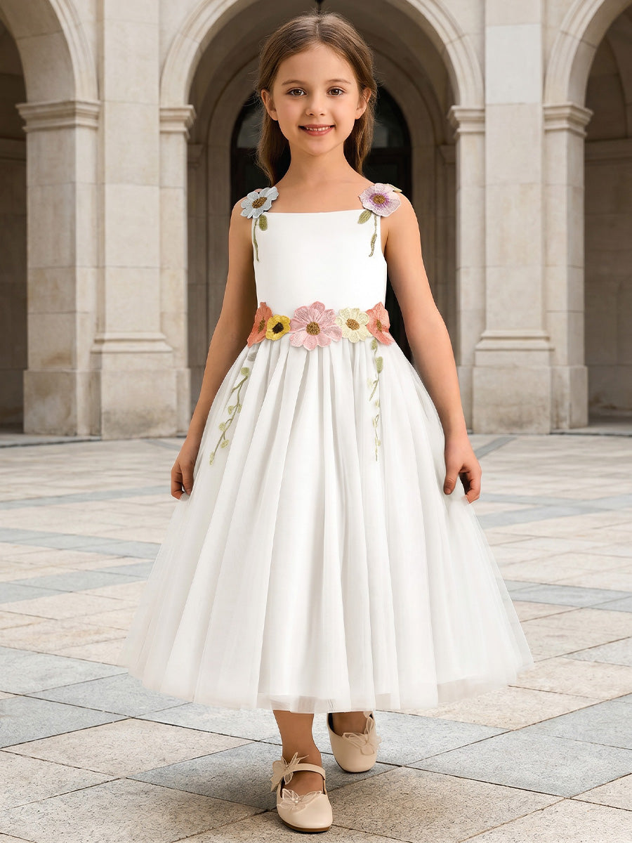 A-Line/Princess Scoop Sleeveless Tea-Length Flower Girl Dresses with 3D Flowers White
