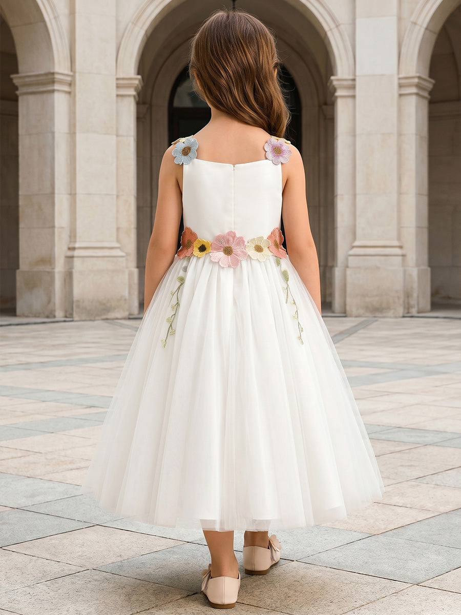 A-Line/Princess Scoop Sleeveless Tea-Length Flower Girl Dresses with 3D Flowers Ivory