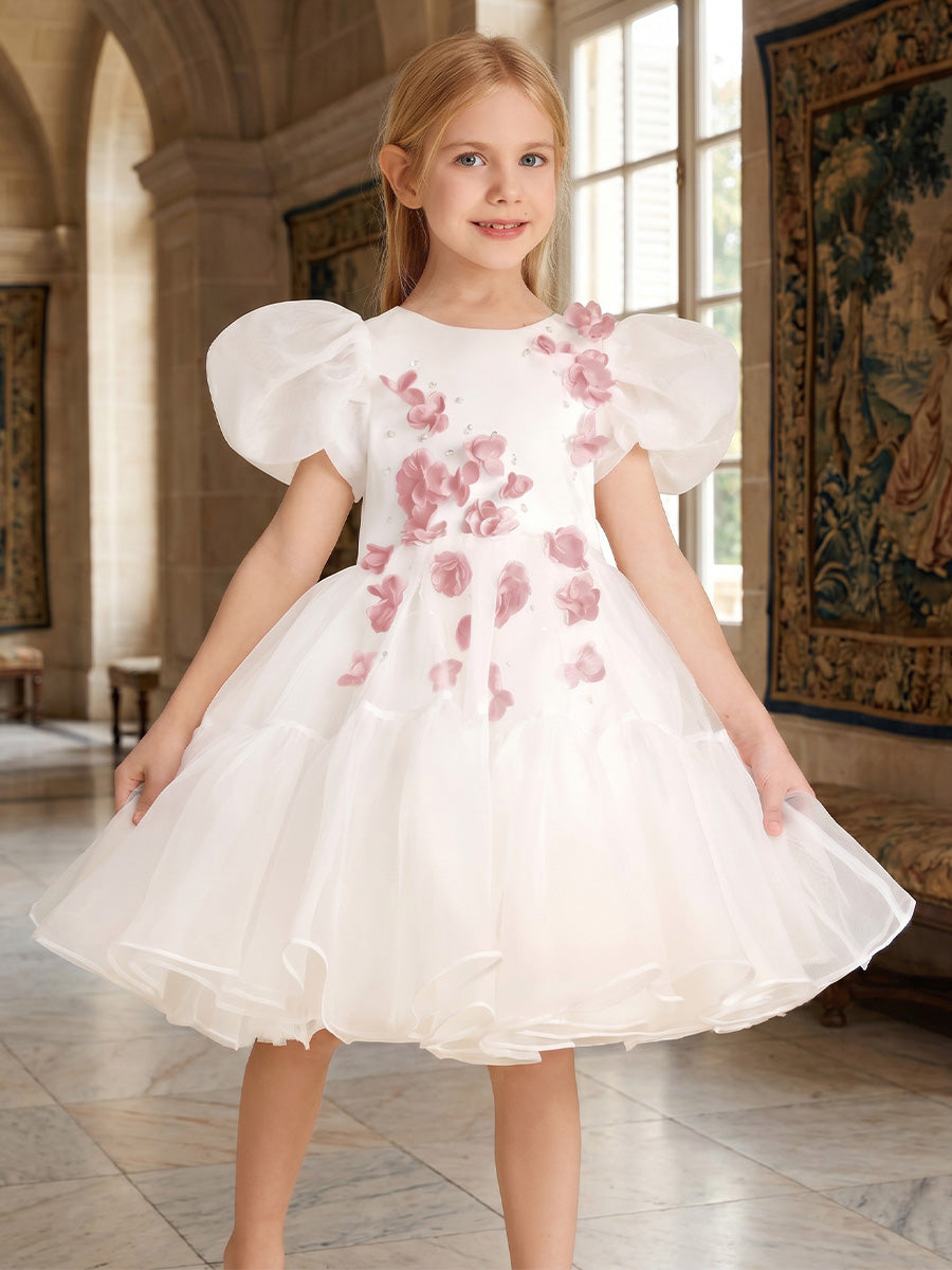 A-Line/Princess Scoop Puff Sleeves Knee-Length Flower Girl Dresses with 3D Flowers White