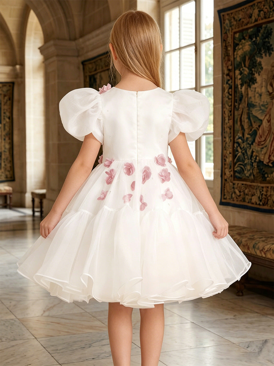A-Line/Princess Scoop Puff Sleeves Knee-Length Flower Girl Dresses with 3D Flowers Ivory